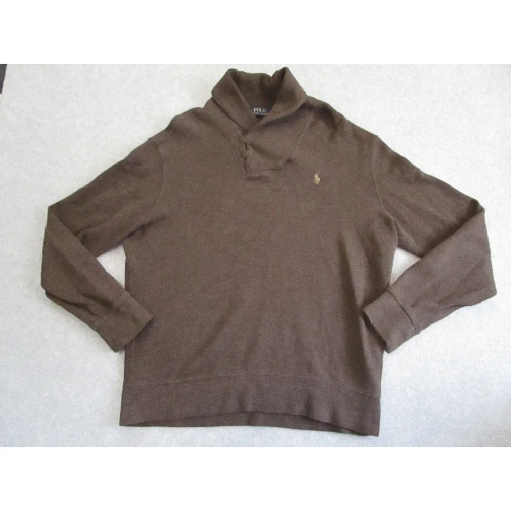 Polo Ralph Lauren Sweater Mens Large Brown Knit Shawl Neck Pullover Quiet Luxury